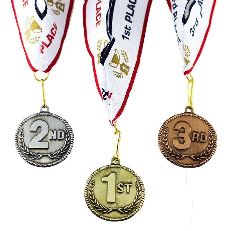 All Quality 1st 2nd 3rd Place High Relief Award Medals - 3 Piece Set (Gold, Silver, Bronze) Includes Custom Designed Neck Ribbon - Image 1